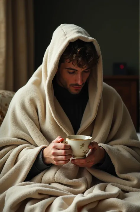 A man inside the blanket hiding head with tea cup