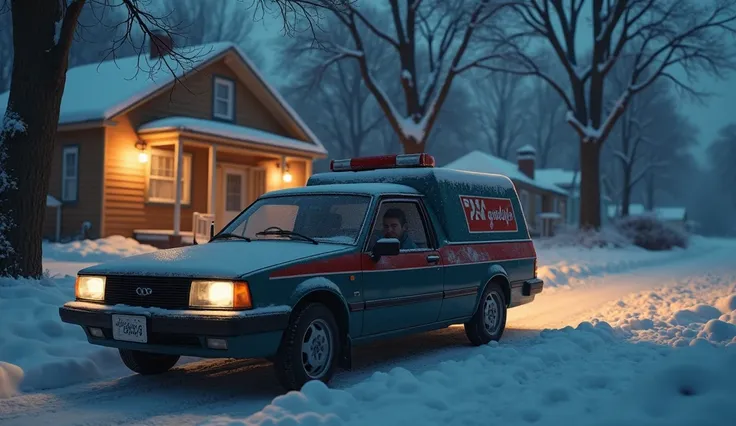 A pizza delivery car parked outside a secluded house, snow gently falling, and the streetlights casting a faint glow. The cars engine is stalling as the driver tries to start it, looking frustrated.