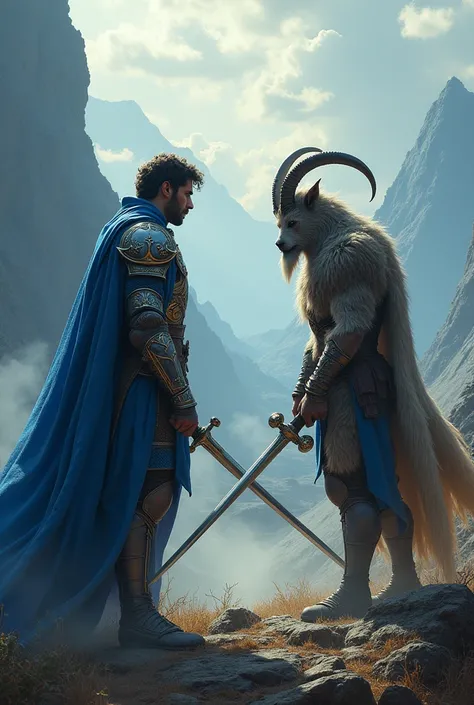  A prince in blue clothes holding a sword, And a goatman holding another, about to fight 