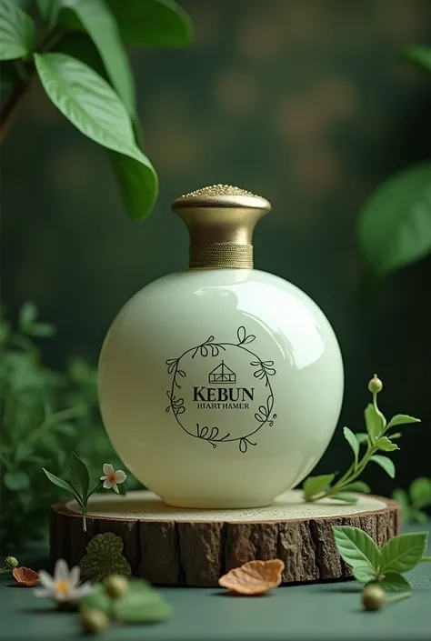 perfume bottle and logo design with the words KEBUN AROMA