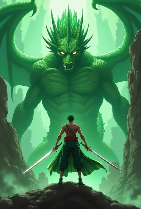 Create an image of Zoro from One Piece showing your loyalty to a green dragon holding 2 in his hands