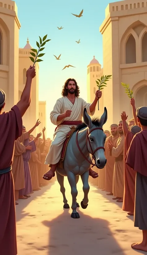 "High-quality, painterly, cartoon-style illustration of Jesus riding a gentle, gray donkey through a bustling, sunlit ancient city street. The donkey should have soft, gray fur, and Jesus wears simple robes that gently flow in the warm breeze. Surround the...