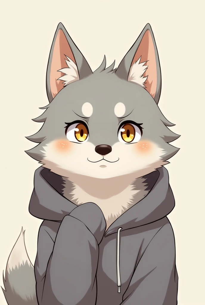 Beautyfull Antrophomorphic cute male GRAY WOLF, with jellow eyes, in anime style with a sweatshirt and a  beautyfull face