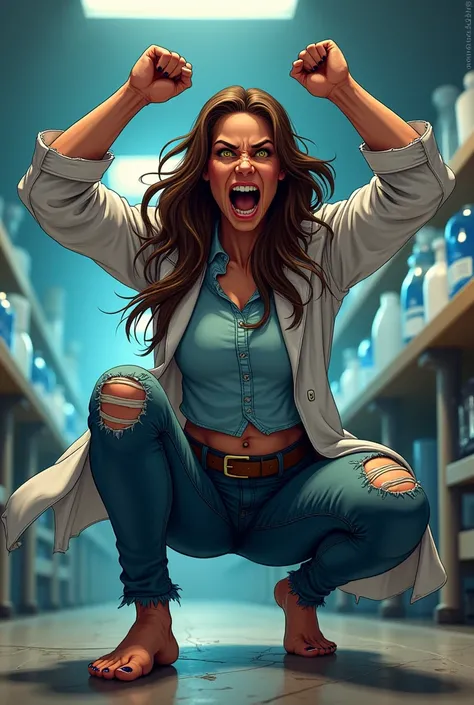 Dynamic 3D comic style art image of a scientific wild and very muscular beast, Dr..  Jennifer Marie Evans ,  with long brown hair flowing wildly , Illuminated yellow eyes,  fair skin and black nails . He wears a torn lab coat on his forearms, which are hal...