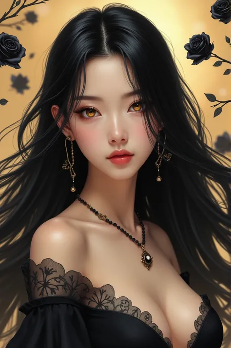  Create an image of a Chinese woman with black hair and golden eyes.
 Below is Shion Madarame ,  character from Tokyo Revengers .
 The background is vanilla candy and black roses .
the title is "Im Not So Bad ."