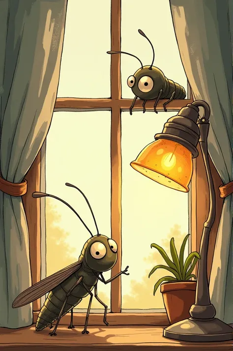  Draw a cricket on a window , Let the window have eyes  ,  and a lamp next to the window with eyes and mouth.  That looks like a drawing of studios giblo  