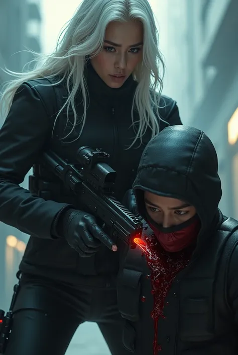 Modern, Realistic, a very beautiful asian elite swat woman, woman very thick white hair, knife cut throat a boy blindfold, neck bloody splash, wide open thr oat, throat contents, boy full face mask