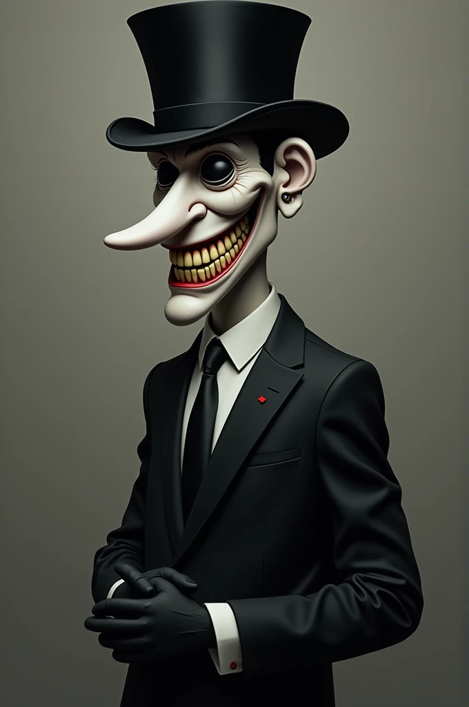  Make a tall man 2 meters tall ,  he wears a black suit and black gloves , his skin is all white without color ,  he wears an all-square black top hat ,  he has a big, open mouth showing his yellow teeth , Your lips are black, his eyes are deep with dark e...