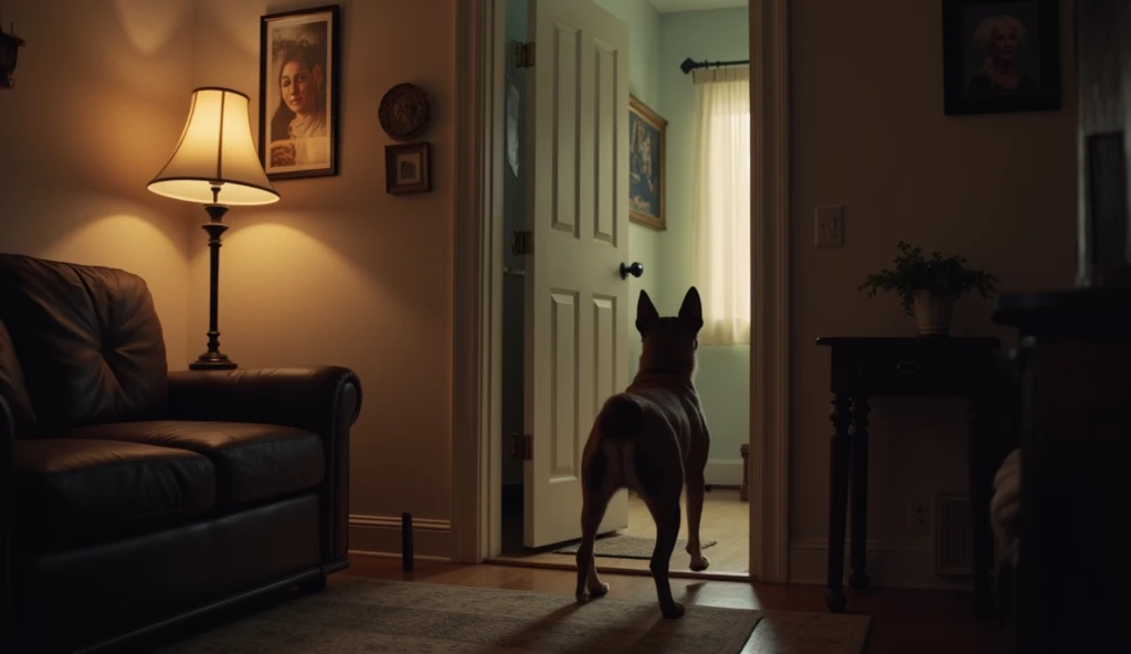 Inside the home, quiet and tense: A cozy living room with the lights on, and a dog (Gracie) standing at the door, growling. The front door is visible in the background, but no one can be seen. The room feels peaceful but with an eerie undertone due to the ...