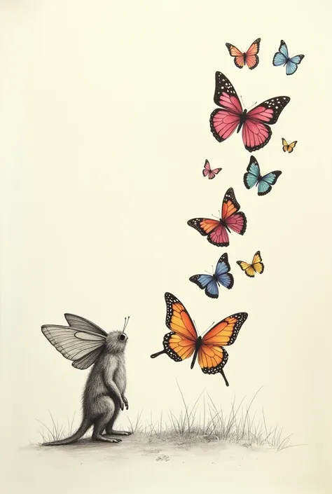 Sketch of a moth and several butterflies . metapher:  the moth that stands for the fact that it is never good enough.  realistic