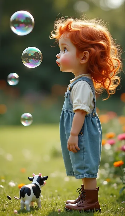  An ultra-realistic image of a red-haired  up to three years old ,  with incredibly detailed features and fair skin dotted with freckles ,  captured in profile as they intently observe soap bubbles floating around them . The ,  with its big and curious eye...