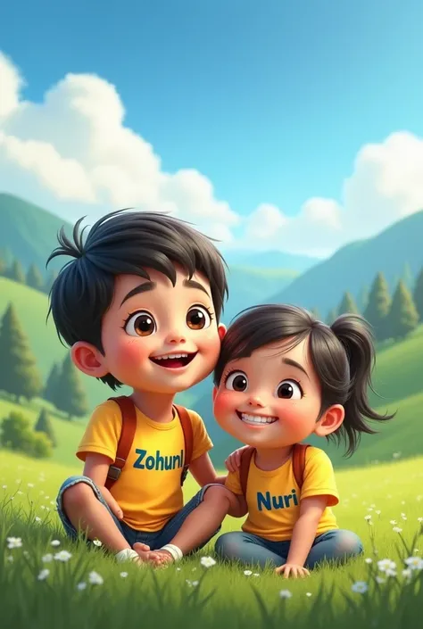 Show a  boy and girl with the boys t-shirt with the name "Zohurul" and the girls name with the name "Nuri" Create a beautiful realistic poster. .