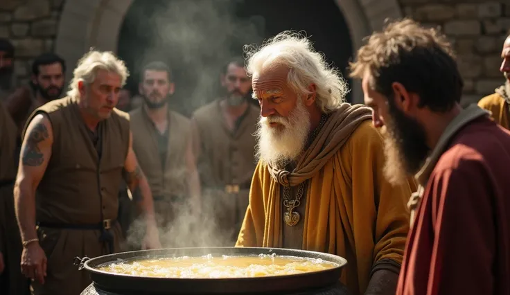  A dramatic moment in which an old, white-haired John is about to be plunged into a cauldron of boiling oil. The scene captures the tension of the moment, with the bubbling oil and Johns unwavering expression, while the spectators watch in disbelief.
