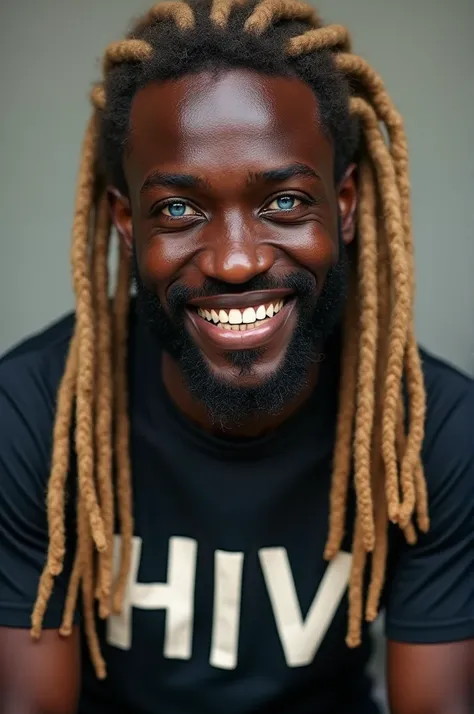 African man with blue eyes and blond dreds very vide smile looking right at you letters HIV on his shirt