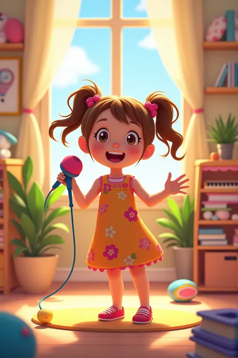 "A lively and colorful scene featuring a small girl around  singing joyfully in a bright and cheerful environment. She has long hair tied in two ponytails, wearing a vibrant dress with floral patterns. The background is a cozy room filled with soft toys, b...