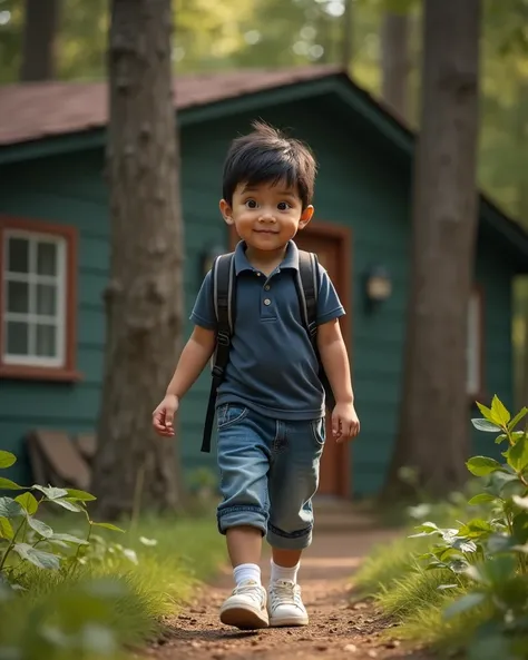 image of a boy,  black hair , 06 years old ,  attentive eyes and dark brown, with polo shirt, bermuda jeans,  white sneakers and white socks ,  with backpack on the back , leaving a house in the woods and leaving the door of the house, closed.