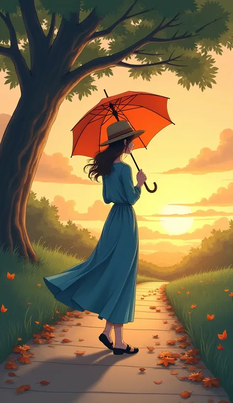 The image is a digital illustration of a young woman walking on a path with an orange umbrella. She is wearing a long blue dress and a hat, and her hair is blowing in the wind. The path is lined with fallen leaves, and there is a large tree on the left sid...