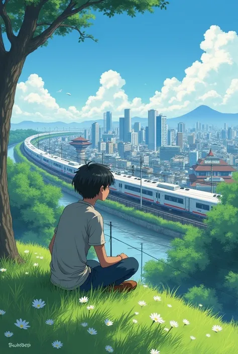 Create a scenic view of a young teenager sitting on a high grassy hill next to a train in a 90s Japanese city