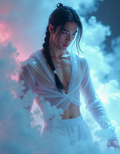 Vogue poses, modeling poses, high build poses, covered in white smoke, neon, slimy substance nerga, fractal, full size, Xiao Zhan, man, charming look, clothes are made entirely of cellophane, long hair and French braids, has pumped the legs, ABS, muscles, ...