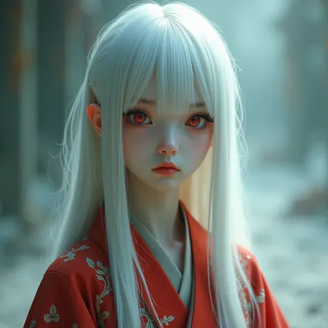 A pale albino woman with long, straight white hair and red eyes. Red kimono, fragile girl, bust, Reality. Dreamy atmosphere. 