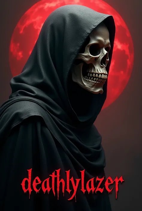 A reaper’s skeleton head and shoulders, with a black and red background. At the bottom the word “Deathlylazer” with an uppercase “D” is engraved in red letters. In a profile picture format