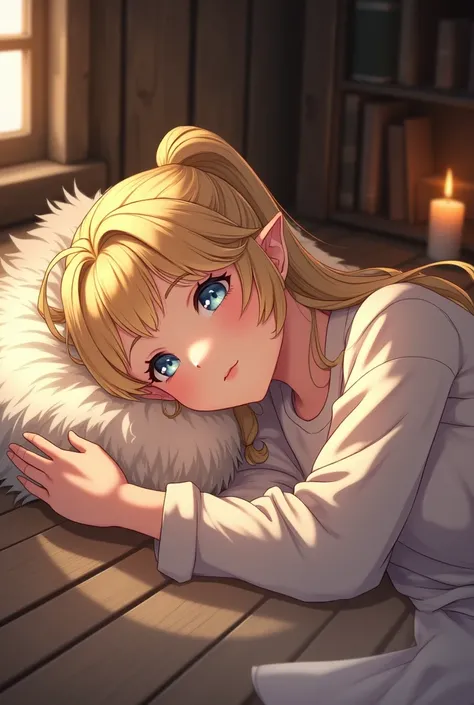 An anime-style depiction of a 16-year-old elf girl in a refined shoujo art style, set in a medieval fantasy world. She has long, flowing, blond hair tied in an extra-long high ponytail that cascades elegantly down the bed, with soft strands framing her poi...