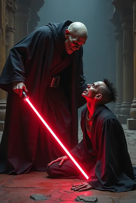 "Picture a harrowing action scene inside an ancient, dimly lit chamber, the air thick with palpable tension. At its center stands Darth Sidious, the embodiment of sinister power. His decrepit frame is draped in dark, flowing robes that seem to merge with t...