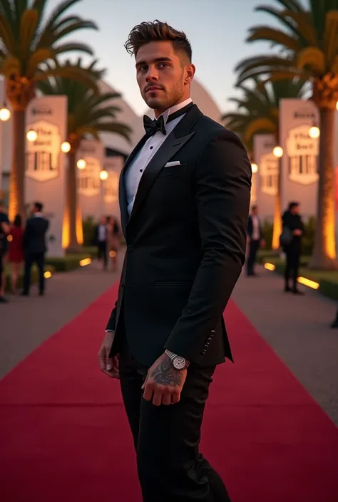 23 year old, short, wavy hair, muscular physique, Can be tattooed on the arm with a classic black tuxedo ,  silver watch This takes place at the entrance to the evening gala themed event The Best FIFA at the iconic Sydney Opera House, c on a Burgundy Carpe...