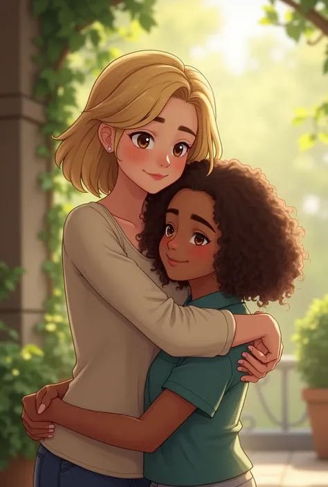 Make a realistic image of a blonde teacher with short shoulder length hair and brown eyes with your teenage student with brown curly hair that goes up to her shoulders and has brown eyes and brown skin, together hugging each other