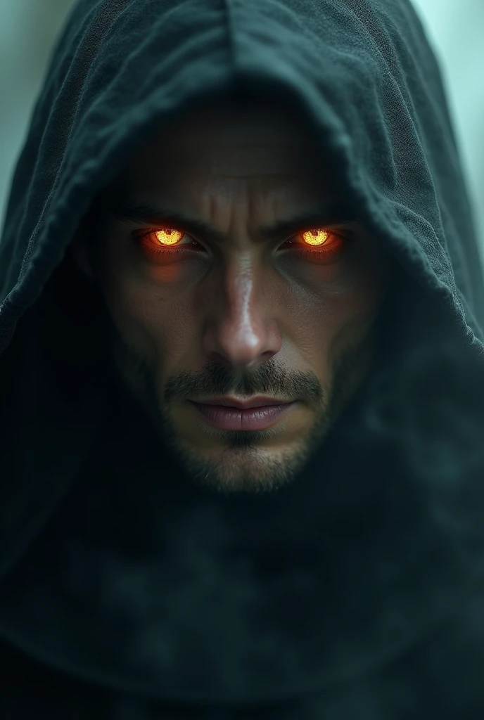 a realistic image,  of the golden human eyes of a man,  that stare at us in the dark .  Ambiance dark fantasy, mysterious with mist .