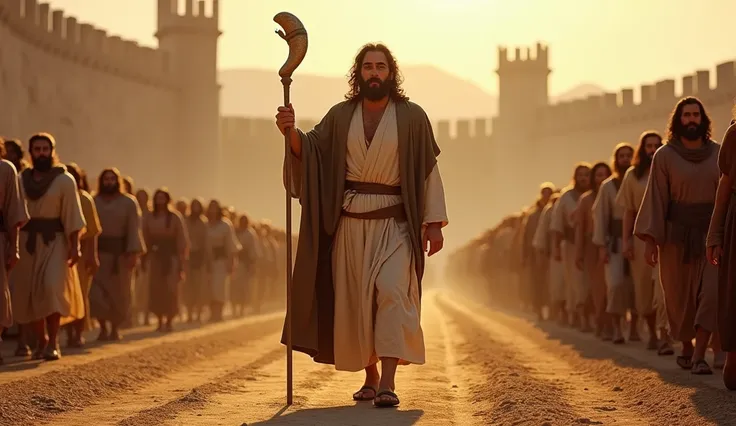 Joshua leading the Israelites in the march: Joshua is at the forefront of the Israelites, walking with a resolute expression. He holds a shofar (ram’s horn), symbolizing his obedience to God’s instructions. The background shows the Israelites following him...