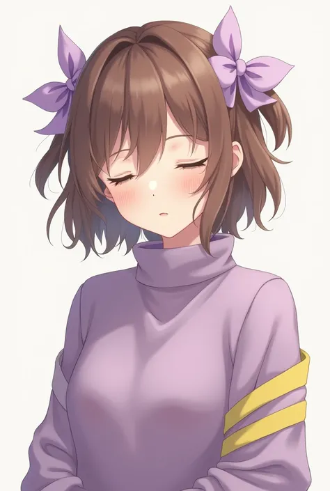 Anime girl with short brown hair and eyes closed with a purple turtleneck sweater with two yellow stripes and two purple hair bows 