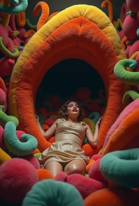 "A surreal and whimsical scene set inside the belly of a gigantic plush pitcher plant, where the walls are made of soft, colorful plush material. A beautiful woman, dressed in a shimmering satin costume, lies on the floor in the center with an expression o...