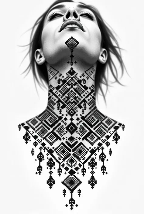 Create a full-neck tattoo design inspired by traditional Ukrainian cross-stitch embroidery. The tattoo must feature clean, black geometric patterns resembling embroidery done with small, square ‘X’ stitches. The design includes symmetrical elements such as...