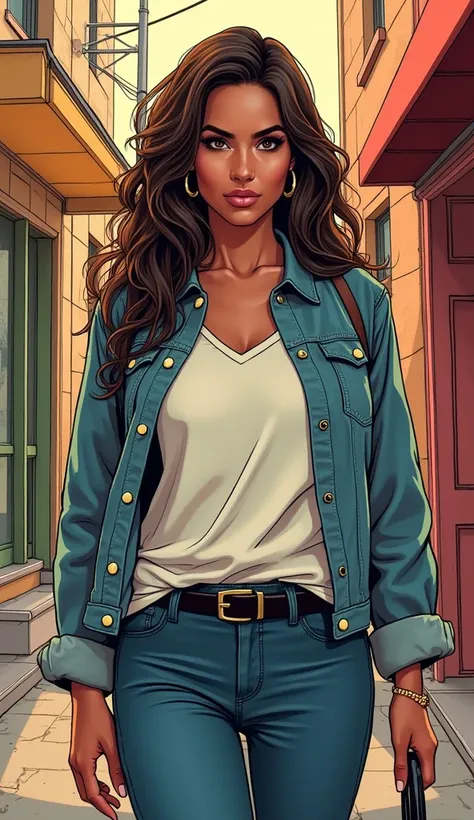 DISCREET image. with discreet casual clothes. image adult woman, american, comic book style. with a neutral face. IMAGES WITH VIBRANT COLORS.