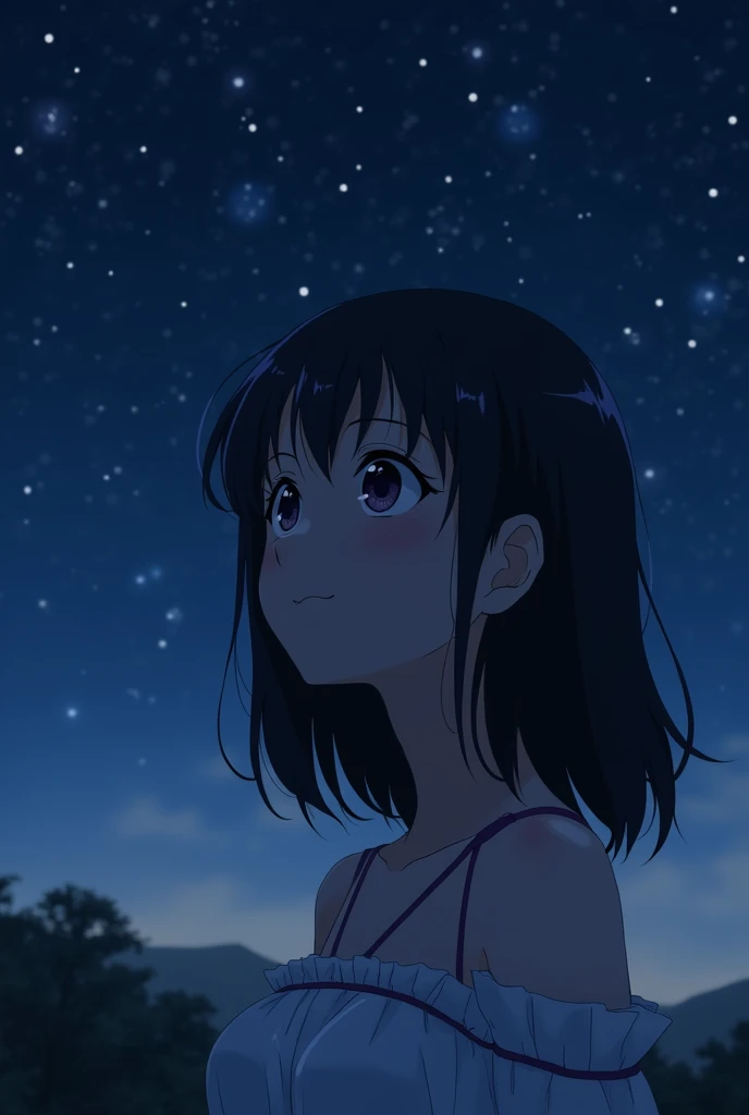  (masterpiece), (best quality), (ultra-detailed), (best illustration), (best shadow),  
BREAK
girl, detailed eyes, sweat, steam, medium breast, nsfw, light smile, looking at night sky , style anime