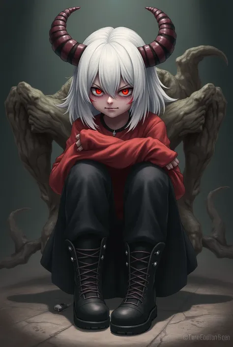  Demon girl with small horns , Ojos rojos,  white hair,  red shirt and old black beast , tired and annoying face .
 Black pants and skirt with black high-top boots.
pale skin and rude gestures 