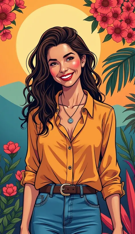 A discreet and casual image of an adult American woman in comic book style, smiling and appearing happy. She is dressed in casual and tasteful clothing, such as a blouse and jeans, with an approachable and friendly appearance. The background is vibrant and...