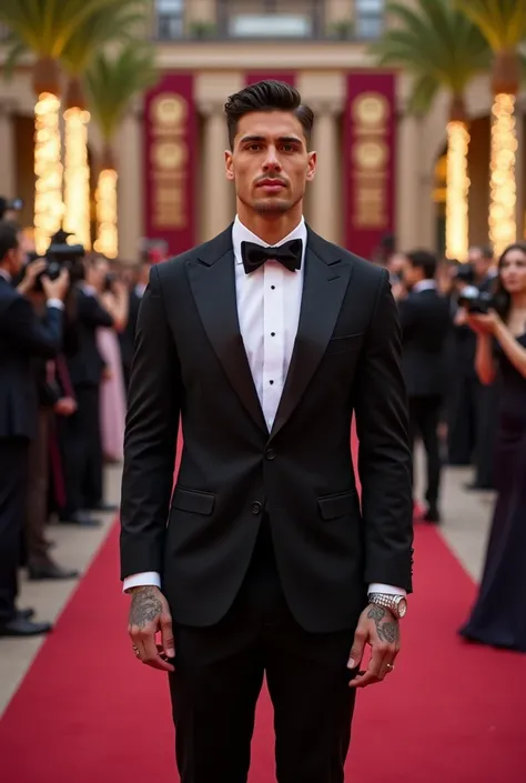 23 year old, short wavy dark hair, muscular physique, Can be tattooed on the arm with a classic black tuxedo ,  silver watch This takes place at the entrance to the evening gala themed event The Best FIFA at the iconic Sydney Opera House, c on a Burgundy C...