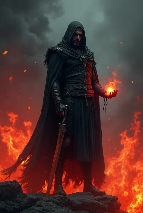 a man in a sea of red and black flames, standing with a executioners sword, wearing a dark cloak, with bandages around his arms and legs, extremely detailed, cinematic, dramatic lighting, dark fantasy, digital painting, artstation, ArtStation, concept art,...