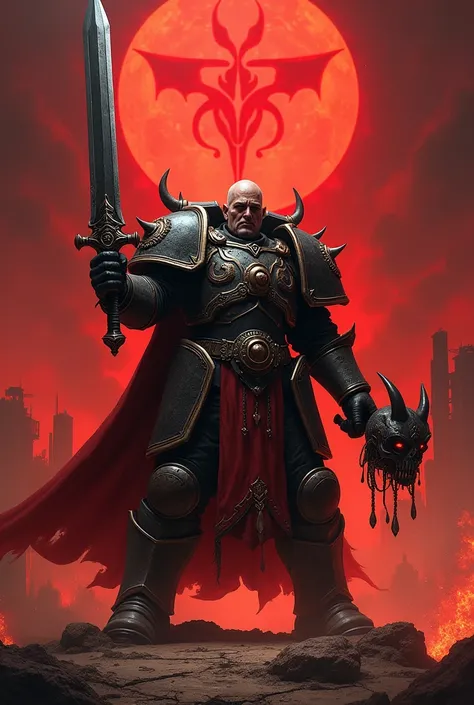 I want art from Warhammer ,  holding a demons head and a sword,  with red theme, But Warhammer symbols