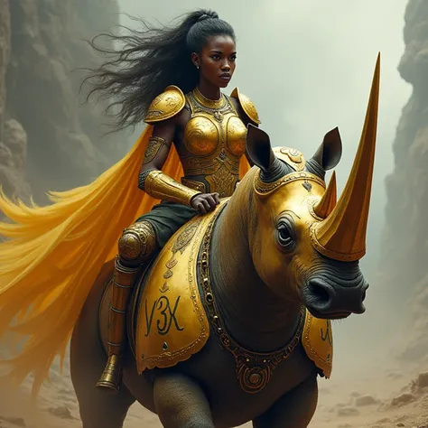 Sexy black woman with a horn in place of her nose and warlike on a rhinoceros in gold armour with writing: "V3X " On armour 