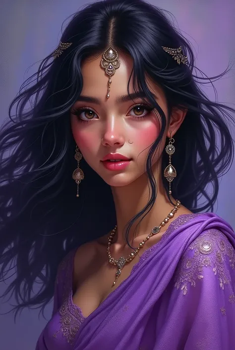 Light-skinned black-haired girl in a purple open sari with nose piercings