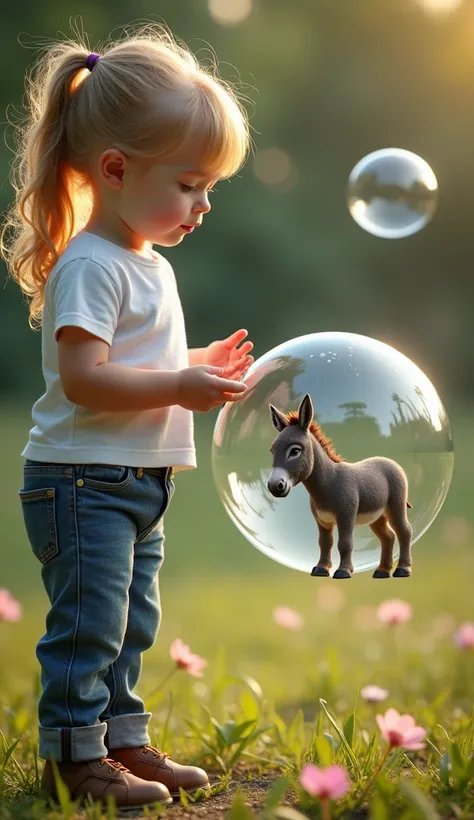  An ultra realistic image of a blond  up to three years old ,  with incredibly detailed features and hair gold ,  captured in profile while carefully observing soap bubbles that are around the donkey inside the bubble floating around you.  Her eyes are lar...