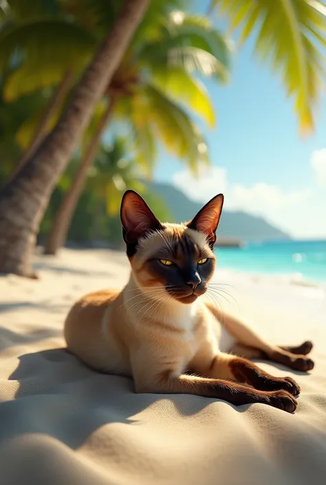 Create the image of a female cat on the beach in Brazil