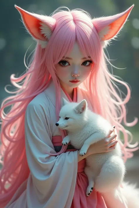 Salmon-colored pink-haired woman, eye color black and pink .  She has pink fox ears
And shes wearing a kimono, And in your hands I have a white fox ,  she has a pink fox tail. and Her eyes are pink and black 