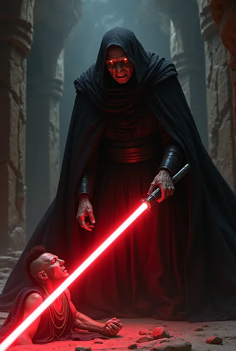 

---

"Picture a harrowing action scene inside an ancient, dimly lit chamber, the air thick with palpable tension. At its center stands Darth Sidious, the embodiment of sinister power. His decrepit frame is draped in dark, flowing robes that seem to merge...