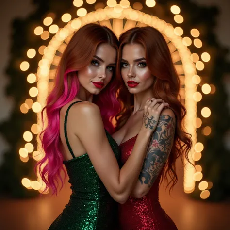  Twin sisters smiling A woman with super long slightly wavy auburn hair, dark makeup and glossy red lip gloss with brown eyes and tattoos as they wear sexy Christmas dresses   as they do a photoshoot in front of an archway with lights over it a 12k Caucasi...