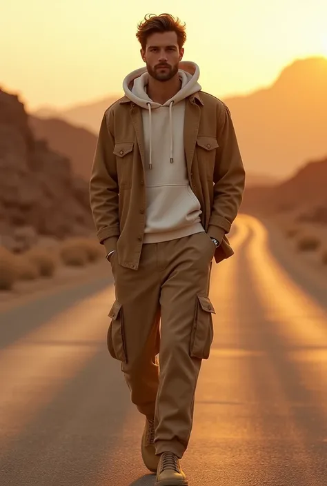 imagen grabada de un hombre caminando por una carretera con una camiSa abierta color marrón tierra, Sudadera blanca, pantaloneS anchoS con muchoS bolSilloS de coloreS tierraS claro, manoS en loS bolSilloS del pantalon, elegante Seguro de Si miSmo, paiSaje ...