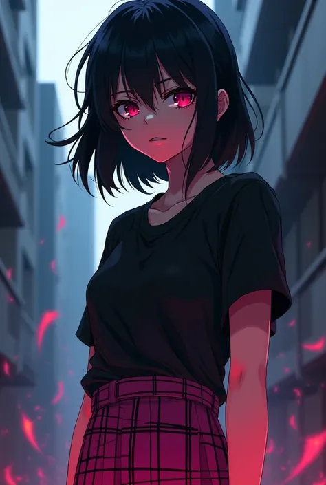  Create a character in the style of bungou stray dogs .  a 20-year-old girl,  with shoulder-length black hair and fuchsia eyes.  She has to have a mean face .  She wears a black shirt and a fuchsia plaid skirt . Shes Moris daughter ,  so make her look like...